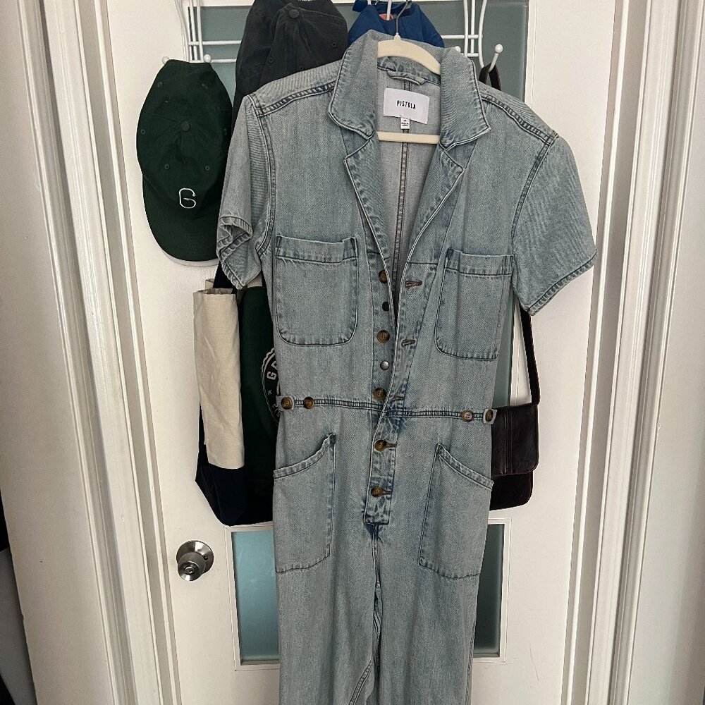 PISTOLA adjustable sizing Light wash denim jumpsuit